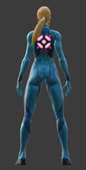 1girl 3d armpits arms_at_sides ass back blonde_hair blue_bodysuit blue_eyes blush bodysuit breasts closed_mouth collarbone concept_art covered_navel expressionless eyelashes facing_away female_focus from_behind full_body grey_background large_breasts legs looking_away metroid metroid_dread neck nintendo official_art ponytail print_bodysuit samus_aran shoulder_blades side_bangs sidelocks simple_background skin_tight standing thighs zero_suit