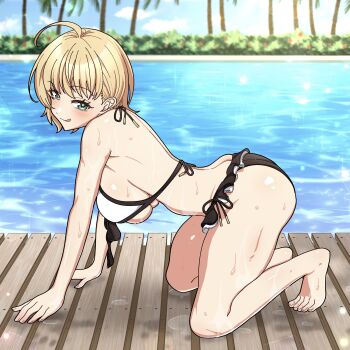 1girl ahoge all_fours aqua_eyes bikini black_bikini blonde_hair breasts cinderella_series closed_mouth hachigatsu_no_cinderella_nine highres large_breasts looking_at_viewer multicolored_bikini nandemona89 nishinomiya_arisu outdoors palm_tree pool poolside short_hair solo star_(symbol) star_in_eye sweatdrop swimsuit symbol_in_eye tongue tongue_out tree two-tone_bikini wet white_bikini