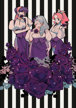 3girls 3itches black_hair blonde_hair closed_eyes commentary flower highres holding holding_flower multiple_girls olivia_(3itches) orange_hair ponytail puffy_short_sleeves puffy_sleeves purple_flower purple_rose rose short_sleeves smile striped_background swept_bangs tina_(3itches) tweetyq1961 vertical-striped_background vivian_(3itches)
