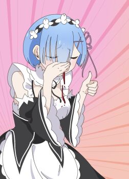 1girl bare_shoulders bleeding blood blue_hair breasts closed_eyes commentary_request dress hair_ornament maid maid_headdress re:zero_kara_hajimeru_isekai_seikatsu rem_(re:zero) roswaal_mansion_maid_uniform short_hair small_breasts solo x_hair_ornament yuu_illustrator