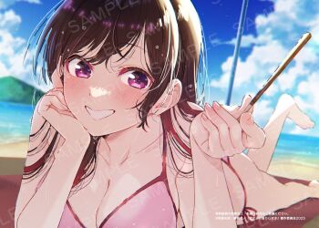 1girl artist_request barefoot beach bikini blurry blurry_background breasts brown_eyes brown_hair cloud cloudy_sky holding image_sample kanojo_okarishimasu large_breasts long_hair looking_at_viewer lying mizuhara_chizuru mountain official_art on_stomach outdoors pink_bikini sky smile swimsuit
