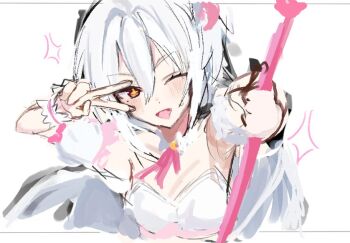 +_+ 1girl :d blue_archive blush breasts bustier cleavage commentary crescent crescent_hair_ornament cropped_torso detached_sleeves hair_between_eyes hair_ornament head_wings holding holding_wand long_hair looking_at_viewer muil official_alternate_costume one_eye_closed open_mouth red_eyes single_hair_intake single_head_wing sketch small_breasts smile solo sparkle sparkling_eyes suzumi_(blue_archive) suzumi_(magical)_(blue_archive) symbol-only_commentary very_long_hair wand white_background white_hair wings wrist_cuffs