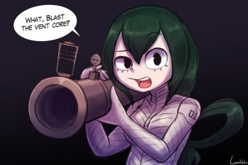 1girl asui_tsuyu black_background bodysuit boku_no_hero_academia breasts commentary english_commentary english_text green_hair hair_between_eyes hair_rings holding holding_rocket_launcher holding_weapon large_breasts long_hair lumineko marathon open_mouth rocket_launcher signature solo speech_bubble teeth upper_body upper_teeth_only weapon white_bodysuit