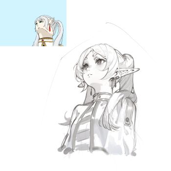 absurdres capelet commentary cropped_torso double-parted_bangs earrings elf frieren from_below highres jewelry jiuxiaoshi long_hair looking_ahead meme parted_lips pointy_ears reference_inset shirt simple_background sousou_no_frieren twintails upward_angle_frieren_drawing_(meme) white_background