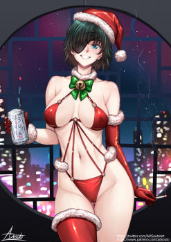 1girl adsouto aqua_eyes asymmetrical_gloves beer_can bell bikini breasts can chainsaw_man cigarette commentary drink_can elbow_gloves eyepatch fur_collar fur_trim gloves green_hair grin hat highres himeno_(chainsaw_man) holding holding_cigarette jingle_bell looking_at_viewer medium_breasts navel neck_bell red_gloves revealing_clothes santa_bikini santa_costume santa_hat short_hair signature single_elbow_glove single_thighhigh smile smoke solo standing swimsuit thighhighs variant_set window