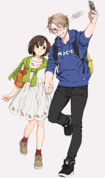 Rule 34 | 1boy, 1girl, ^^^, ahoge, america (hetalia), ankle socks, arm at side, arm up, axis powers hetalia, backpack, bag, black hair, black pants, black shoes, blonde hair, blue eyes, blue hoodie, bob cut, brown eyes, brown shoes, captain america's shield, cellphone, collarbone, commentary request, couple, curtained hair, dress, english text, floral print, floral print dress, flower, full body, genderswap, genderswap (mtf), glasses, green jacket, grin, hair flower, hair ornament, hetero, holding hands, hood, hood down, hoodie, interlocked fingers, jacket, jacket around neck, japan (female) (hetalia), japan (hetalia), knees together feet apart, looking at phone, looking up, medium dress, metsunemaji83, nervous smile, one eye closed, orange bag, outstretched arm, pants, parted bangs, parted hair, phone, print dress, print hoodie, raised inner eyebrows, rectangular eyewear, red socks, selfie, shoes, short hair, short sleeves, shoulder bag, side-by-side, simple background, sleeves pushed up, smartphone, smile, sneakers, socks, sound effects, standing, standing on one leg, sweatdrop, white background, white dress, yellow bag