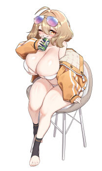 1girl absurdres ahoge anis_(nikke) anis_(sparkling_summer)_(nikke) aviator_sunglasses bikini breasts brown_eyes brown_hair can chair cleavage eyepatch_bikini eyewear_on_head full_body goddess_of_victory:_nikke hair_between_eyes highres holding holding_can jacket large_breasts long_sleeves looking_at_viewer medium_hair off_shoulder official_alternate_costume on_chair one_eye_closed orange_jacket quilted_jacket simple_background sitting skindentation sleeves_past_wrists smile solo stirrup_footwear sunglasses sweat swimsuit toes white_background white_bikini yabby