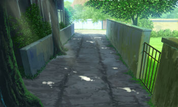 bush commentary_request dappled_sunlight day gate highres no_humans original outdoors pei_(sumurai) scenery shade shadow sunlight tree