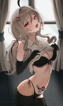 1girl absurdres ahoge artist_request bare_shoulders black_bra black_gloves black_hair black_panties black_thighhighs blush bra breasts cleavage clothes_lift collared_shirt commentary_request commission curtains day elbow_gloves fang front-tie_bra gloves grey_hair groin hair_between_eyes hair_intakes hair_ribbon hands_on_own_chest hands_up head_tilt highleg highleg_panties highres huge_ahoge indoors korean_commentary lifting_own_clothes long_hair looking_at_viewer medium_breasts multicolored_hair navel open_mouth original panties pubic_tattoo red_eyes red_ribbon ribbon second-party_source shirt shirt_lift side-tie_panties sidelocks skin_fang sleeveless sleeveless_shirt slit_pupils solo standing stomach streaked_hair sweat tattoo thighhighs thighs underboob underwear white_shirt window