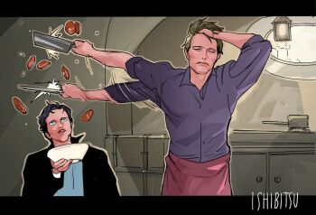 2boys adjusting_hair cooking food hair_slicked_back hand_in_own_hair hand_on_own_head hannibal_(tv_series) hannibal_lecter hashtag-only_commentary ishibitus male_focus meat meme multiple_boys naoya_hitting_choso_without_looking_(meme) parody scene_reference will_graham