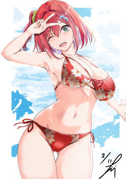 Rule 34 | 1girl, absurdres, bikini, breasts, commentary request, dated, dolphin wave, floral print, floral print bikini, front-tie bikini top, front-tie top, green eyes, highres, large breasts, navel, one eye closed, one side up, print bikini, red bikini, red hair, sakimiya iruka, side-tie bikini bottom, signature, solo, swimsuit, takumi munato, v