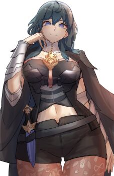 1girl absurdres amausa_subee breasts coat female_byleth_(fire_emblem) female_focus fire_emblem fire_emblem:_three_houses highres jacket jacket_on_shoulders large_breasts looking_at_viewer navel nintendo shoulder_pads smile solo white_background