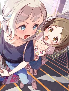 absurdres black_shirt blue_ribbon blue_skirt braid brown_eyes brown_hair denim excited gakuen_idolmaster grey_hair hair_ribbon half_up_braid happy highres idolmaster jeans katsuragi_lilja kitanoneko kuramoto_china long_hair long_skirt nail_polish off_shoulder open_mouth pants ribbon ribbon_braid sandals shirt shopping skirt stairs stuffed_animal stuffed_toy sweat teeth upper_teeth_only