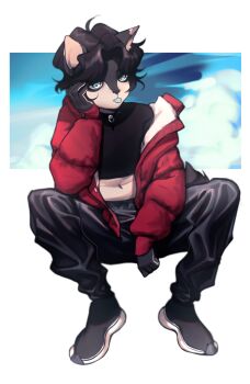 1girl animal_ears animal_nose black_hair black_pants body_fur breasts cat_ears cat_girl commentary english_commentary furry furry_female grey_eyes highres invisible_chair jacket navel off_shoulder open_clothes open_jacket original pants pita-potato red_jacket shoes short_hair sitting solo stomach two-tone_fur white_fur