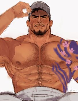 1boy abs absurdres bara baseball_cap black_hair chest_hair commentary cyberrwaffle english_commentary facial_hair goatee hat highres large_pectorals male_focus muscular muscular_male mustache nipples one_piece parted_lips pectorals sakazuki_(one_piece) simple_background solo tattoo topless_male white_background