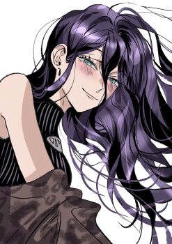 1girl black_shirt busuttt chainsaw_man hair_between_eyes highres long_hair looking_at_viewer purple_hair reze_(chainsaw_man) shirt simple_background sleeveless sleeveless_shirt smile solo striped_clothes striped_shirt turtleneck turtleneck_shirt white_background