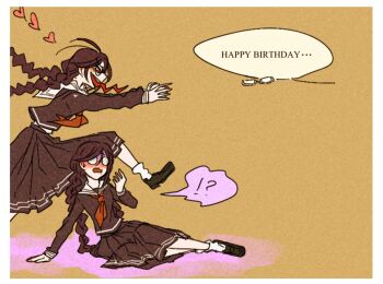 !? 2girls black_serafuku black_shirt black_shoes black_skirt border braid brown_hair collared_shirt commentary_request danganronpa:_trigger_happy_havoc danganronpa_(series) dual_persona eigaeiga english_text fukawa_toko genocider_shou glasses hand_on_ground happy_birthday heart long_hair long_skirt long_tongue mole mole_under_mouth multiple_girls neckerchief opaque_glasses open_mouth outstretched_arms red_eyes red_neckerchief round_eyewear running sailor_collar school_uniform serafuku shirt shoes sitting skirt skirt_set smile socks speech_bubble tongue tongue_out twin_braids twintails wavy_mouth white_border white_sailor_collar white_socks yellow_background