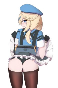 1girl absurdres ass ass_freckles beret black_gloves black_panties blonde_hair blue_eyes blue_jacket blush body_freckles braid clothes_lift clothes_pull dress dress_lift embarrassed fingerless_gloves freckles from_behind girls&#039;_frontline girls&#039;_frontline_2:_exilium gloves hair_ornament hairclip hat highres jacket leaning_forward long_hair looking_at_viewer looking_back nervous_smile panties pantyhose pantyhose_pull papasha_(girls&#039;_frontline_2) ppsh-41_(girls&#039;_frontline) presenting risu_(risu028) smile solo standing thighs underwear wavy_mouth white_dress