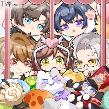 +_+ 1girl 4boys arm_up artem_wing_(tears_of_themis) black-framed_eyewear black_hair black_jacket blue_eyes brown_eyes brown_hair brown_vest chibi closed_mouth collared_shirt commentary copyright_name crane_game ear_piercing english_commentary genshin_impact glasses grey_hair hair_between_eyes heart hilichurl_(genshin_impact) homu_(honkai_impact) honkai:_star_rail honkai_(series) honkai_impact_3rd jacket luke_pearce_(tears_of_themis) marius_von_hagen_(tears_of_themis) multiple_boys necktie official_art parted_lips piercing pinstripe_jacket pinstripe_pattern pom-pom_(honkai:_star_rail) purple_eyes red_eyes red_necktie rosa_(tears_of_themis) semi-rimless_eyewear shirt smile tears_of_themis under-rim_eyewear v-shaped_eyebrows vest vyn_richter_(tears_of_themis) white_shirt yellow_eyes