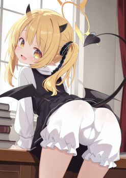 1girl :d ass black_dress black_horns black_ribbon black_tail black_wings blonde_hair bloomers blue_archive book book_stack demon_girl demon_horns demon_tail demon_wings dress from_behind hair_ribbon halo highres horns ibuki_(blue_archive) indoors leaning_forward loli long_hair long_sleeves looking_at_viewer looking_back open_mouth paid_reward_available pinafore_dress pointy_ears puffy_long_sleeves puffy_sleeves ribbon shirt side_ponytail sleeveless sleeveless_dress smile solo tail underwear usayaki_soba variant_set white_bloomers white_shirt wings yellow_eyes yellow_halo