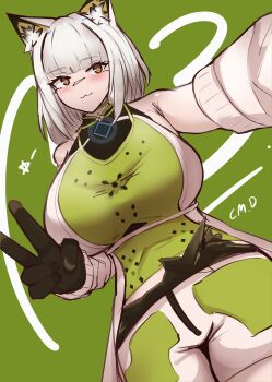 :3 absurdres animal_ear_fluff animal_ears arknights arknights:_endfield artist_name bare_shoulders black_gloves blush breasts chama.d closed_mouth commentary cowboy_shot detached_sleeves endfield_lynx_girl_(arknights) english_commentary gloves green_background highres huge_breasts large_breasts long_hair looking_at_viewer smile v