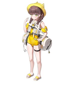 1girl absurdres alternate_costume animal_hat blunt_bangs blush braid breasts brown_hair cat_hat charm_(object) chime_(nikke) closed_mouth covered_navel full_body goddess_of_victory:_nikke green_eyes hat highres lifebuoy looking_at_viewer one-piece_swimsuit renga0803 sandals skindentation small_breasts solo standing strap swim_ring swimsuit thigh_strap thighs twin_braids whistle white_background yellow_hat