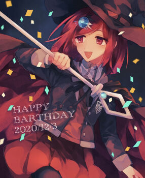 1girl absurdres black_hat black_jacket black_ribbon blazer blue_gemstone cape collared_shirt commentary_request confetti danganronpa_(series) danganronpa_v3:_killing_harmony dated gem hair_ornament happy_birthday hat highres holding jacket long_sleeves medium_hair neck_ribbon nemari_(nemaru_0907) open_clothes open_jacket open_mouth red_cape red_eyes red_hair red_skirt red_vest ribbon shirt skirt smile solo vest yumeno_himiko