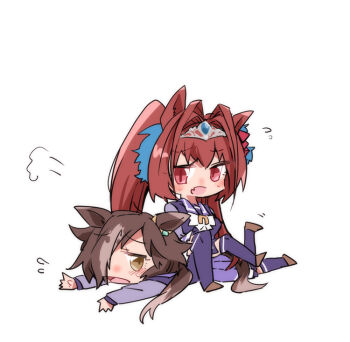 Rule 34 | 2girls, animal ears, beer hsk, bow, brown eyes, brown hair, brown shoes, chibi, commentary request, daiwa scarlet (umamusume), flying sweatdrops, hair between eyes, hair over one eye, horse ears, horse girl, horse tail, long hair, long sleeves, multicolored hair, multiple girls, pleated skirt, purple shirt, purple skirt, purple thighhighs, red eyes, school uniform, shirt, shoes, simple background, sitting, sitting on person, skirt, tail, thighhighs, tracen school uniform, twintails, two-tone hair, umamusume, very long hair, vodka (umamusume), white background, white bow