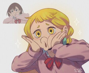 1girl ariamikukanzaki ayase_momo ayase_momo_(cosplay) black_choker blonde_hair braid choker commentary cosplay dandadan earrings eyebrow_cut hands_on_own_cheeks hands_on_own_face humanization jewelry long_hair nintendo pink_sweater reference_inset side_braid solo splatoon_(series) splatoon_3 sweater twitter_username twitter_x_logo upper_body veronika_(splatoon) yellow_eyes