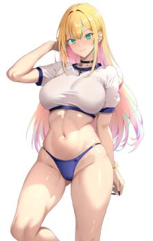 1girl bikini blonde_hair blue_panties bracelet breasts cameltoe cropped_shirt ear_piercing fingernails green_eyes gym_uniform hair_intakes jewelry large_breasts long_fingernails midriff navel original panties piercing ranhatu skindentation swimsuit thong_bikini underwear