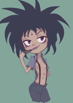 1girl arm_behind_back bags_under_eyes black_hair black_shorts blue_shirt blush breasts cartoon_network claws collarbone conoghi cosplay crossover dc_comics edward_scissorhands edward_scissorhands_(character) edward_scissorhands_(cosplay) forehead_jewel green_background looking_at_viewer messy_hair navel open_clothes open_shirt purple_eyes raven_(dc) shirt short_hair short_sleeves shorts small_breasts smile standing suspender_shorts suspenders teen_titans teen_titans_go! tongue tongue_out