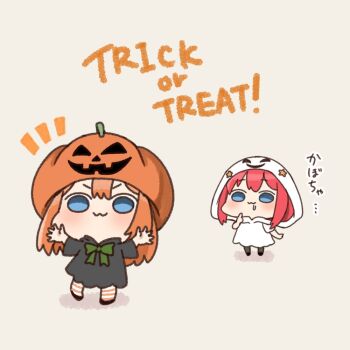 Rule 34 | 2girls, :3, akino ell, black shoes, blue eyes, bow, chibi, closed mouth, commentary request, drooling, ghost costume, go-toubun no hanayome, green bow, grey background, grey pantyhose, hood, hood up, jack-o'-lantern, long hair, multiple girls, nakano itsuki, nakano yotsuba, notice lines, orange hair, pantyhose, pumpkin hat, red hair, shoes, simple background, striped clothes, striped pantyhose, translated, trick or treat, v-shaped eyebrows