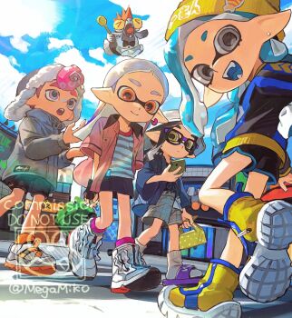 1boy 3girls black-framed_eyewear black_gloves black_hair black_shorts black_skirt black_sweater blue_hair blue_shirt blue_shoes blue_sweater boots closed_mouth coat commentary commission earrings fingerless_gloves glasses gloves green_eyes grey_coat grey_hair grey_shirt grey_shorts hat highres holding holding_phone hoop_earrings inkling inkling_girl inkling_player_character jacket jewelry long_hair long_sleeves medium_hair miko_(15476997) multicolored_shoes multicolored_sweater multiple_girls nintendo octoling octoling_boy octoling_player_character open_clothes open_jacket open_mouth orange_eyes orange_shoes orange_socks outdoors phone pink_hair pink_jacket pink_socks pointy_ears pompadour purple_sandals sandals shirt shoes short_hair shorts skirt smallfry_(splatoon) socks splatoon_(series) striped_clothes striped_shirt sweater symbol-only_commentary tentacle_hair two-tone_shirt two-tone_shoes watermark white_boots white_hat white_shirt white_shoes white_socks yellow_hat yellow_shoes yellow_sweater