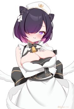 1girl absurdres azur_lane bell breasts cleavage commentary_request cone_hair_bun dress elbow_gloves gloves grin hair_bun hair_over_one_eye hand_on_own_chest hat highres jervis_(azur_lane) large_breasts looking_at_viewer neck_bell nurse_cap purple_eyes purple_hair short_hair simple_background slumpa smile solo twitter_username white_background white_dress white_gloves white_hat