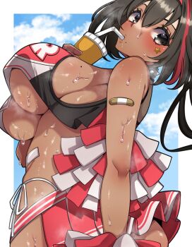 1girl bandaid bandaid_on_arm bare_shoulders bay_(nikke) black_hair blue_sky border breasts cheerleader clothes_writing cloud cloudy_sky collar commentary_request crop_top dark-skinned_female dark_skin drinking drinking_straw drinking_straw_in_mouth from_side goddess_of_victory:_nikke grey_eyes highleg highleg_panties highres large_breasts long_hair looking_at_viewer mole mole_on_breast mole_under_mouth multicolored_hair panties partial_commentary pleated_skirt pom_pom_(cheerleading) ponytail red_hair side-tie_panties sideboob single_hair_streak skirt sky solo spiked_collar spikes star_(symbol) star_sticker steaming_body sticker sticker_on_face sweat two-tone_skirt two-tone_tank_top underboob underwear upper_body utani_(punishment) very_long_hair very_sweaty white_border white_panties