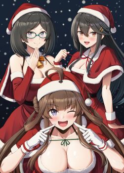 Rule 34 | 3girls, absurdres, ahoge, alternate costume, arm up, arm warmers, bell, belt, black background, black belt, breasts, brown hair, commentary request, detached sleeves, double-parted bangs, double bun, dress, fur-trimmed arm warmers, fur-trimmed dress, fur-trimmed headwear, fur-trimmed shrug, fur trim, glasses, gloves, grey hair, hair bun, hair ornament, hair rings, hairclip, haruna (kancolle), hat, highres, ichikawa feesu, kantai collection, kirishima (kancolle), kongou (kancolle), large breasts, long hair, long sidelocks, looking at viewer, medium breasts, medium hair, multiple girls, neck bell, neck ribbon, night, parallel hairclips, parted bangs, red dress, red hat, red ribbon, red shrug, ribbon, santa costume, santa hat, shrug (clothing), sidelocks, snow, white gloves, wrist cuffs