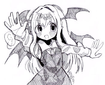 Rule 34 | 1girl, blush, collared shirt, commentary request, cookie (touhou), demon girl, demon wings, dress, greyscale, hatching (texture), head wings, highres, koakuma, long hair, long sleeves, looking at viewer, melanin shikiso, monochrome, necktie, open mouth, pinafore dress, shirt, simple background, sketch, sleeveless, sleeveless dress, smile, solo, touhou, upper body, wings, yuzuyu (cookie)