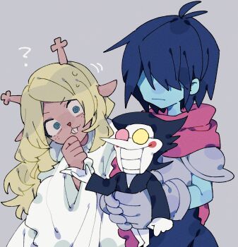 1boy 1girl 1other 2525nicc ? @_@ absurdres antlers armor black_hair black_jacket blue_eyes blue_hair blue_skin buck_teeth cape carrying carrying_person colored_skin commentary deer_antlers deer_girl deltarune furry furry_female grey_background hair_over_eyes heterochromatic_eyewear highres horns jacket kris_(dark_world)_(deltarune) kris_(deltarune) long_hair noelle_holiday noelle_holiday_(dark_world) pink-tinted_eyewear pink_cape pointy_nose robe short_hair smile spamton_g._spamton symbol-only_commentary teeth tinted_eyewear utdr_(toby_fox) white_robe white_skin yellow-tinted_eyewear