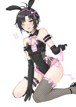1girl ;p absurdres aburi-gatana animal_ears antenna_hair armband bare_shoulders black_collar black_gloves black_hair black_leotard black_shoes blush bow bow_legwear bowtie breasts collar detached_collar elbow_gloves fake_animal_ears fishnet_thighhighs fishnets foot_out_of_frame frilled_armband frilled_hairband frilled_leotard frilled_thigh_strap frills gloves hairband highres idolmaster idolmaster_(classic) kikuchi_makoto kneeling leotard looking_at_viewer one_eye_closed pink_bow pink_bowtie pink_ribbon purple_eyes rabbit_ears ribbon shoes short_hair simple_background single_leg_pantyhose solo strapless strapless_leotard sweatdrop thigh_strap thighhighs tongue tongue_out unmoving_pattern white_background