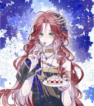 1girl armlet black_dress black_nails blue_background blue_gemstone cake cake_slice commentary_request dress floral_background food freckles fruit gem gold_choker green_eyes hair_ornament hands_up highres holding holding_spoon jewelry long_hair parted_lips pendant red_hair reverse:1999 sanwei_huihua_ya single_bare_shoulder solo sophia_(manus_vindictae)_(reverse:1999) sophia_(reverse:1999) spoon strawberry strawberry_cake upper_body watermark