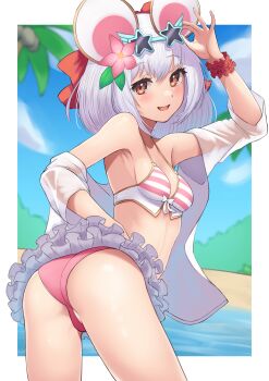 absurdres animal_ears armpits ass bikini bikini_skirt breasts eyewear_on_head fake_animal_ears granblue_fantasy highres mouse_ears pyonsan red_scrunchie scrunchie small_breasts star-shaped_eyewear star_(symbol) striped_bikini striped_clothes swimsuit vikala_(blooming_summer_wallflower)_(granblue_fantasy) vikala_(granblue_fantasy) white_hair wrist_scrunchie