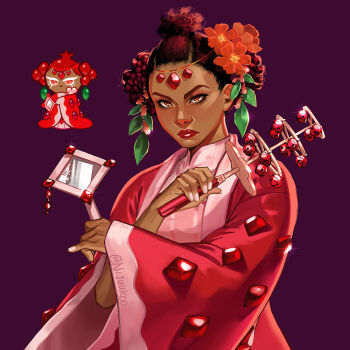 Rule 34 | 1girl, aegyo sal, asian, closed mouth, commentary, cookie run, dark-skinned female, dark skin, dress, english commentary, flower, forehead, frown, gem, hair behind ear, hair bun, hair flower, hair ornament, hands up, holding, humanization, japanese clothes, kimono, leaf hair ornament, light-skinned palms, nail polish, nijuuni, official art inset, open clothes, open kimono, pink dress, pink nails, pomegranate cookie, purple background, realistic, red eyes, red flower, red gemstone, red hair, red kimono, red lips, reference inset, serious, short hair, simple background, solo, sparkle, thick eyebrows, twitter username, upper body, very short hair