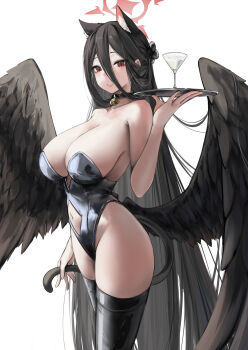 1girl absurdres animal_ears bare_shoulders bell black_hair black_leotard black_thighhighs black_wings blue_archive breasts brunobrun9bruno cat_ears cat_tail choker cleavage clothing_cutout collarbone cup drinking_glass feathered_wings groin hair_between_eyes halo hasumi_(blue_archive) highleg highleg_leotard highres holding holding_tray large_breasts leotard long_hair long_hair_between_eyes looking_at_viewer low_wings navel navel_cutout neck_bell red_eyes red_halo smile solo tail thighhighs thighs tray very_long_hair wine_glass wings