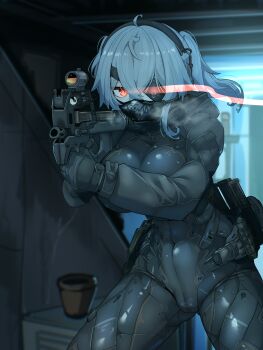 Rule 34 | absurdres, aiming, aiming at viewer, bodysuit, breasts, bullpup, covered navel, grey hair, gun, hair between eyes, headset, highres, holding, holding gun, holding weapon, impossible bodysuit, impossible clothes, impossible leotard, large breasts, leotard, m004 (natsukaze shigure), medium hair, natsukaze shigure, original, p90, skin tight, submachine gun, thighs, weapon
