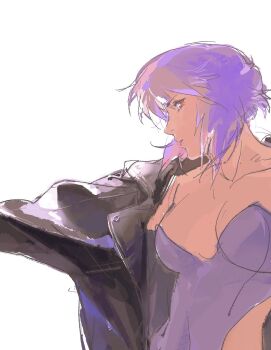 1girl aizheajsee black_jacket from_side ghost_in_the_shell ghost_in_the_shell:_stand_alone_complex highres jacket kusanagi_motoko leotard looking_at_viewer purple_eyes red_eyes solo strapless strapless_leotard white_background