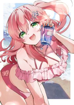 Rule 34 | 1girl, absurdres, bikini, blush, breasts, cleavage, collarbone, commentary request, cup, disposable cup, fingernails, green eyes, hair between eyes, highres, holding, holding cup, hololive, long hair, looking at viewer, nail polish, open mouth, orange nails, pink bikini, pink hair, sakura miko, skeb1130, smile, solo, swimsuit, twitter username, virtual youtuber