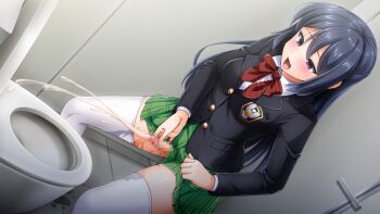 Rule 34 | 1girl, black hair, black jacket, blazer, blush, bow, bowlegged pose, bowtie, breasts, buttons, calpish, censored, clothes lift, collared shirt, crossdressing, cum, dress shirt, dutch angle, ejaculation, emblem, erection, futanari, futanari masturbation, game cg, green skirt, hair between eyes, half-closed eyes, indoors, jacket, large variant set, leaning forward, lifting own clothes, long hair, long sleeves, mahou reiki magisphere, masturbation, medium breasts, miniskirt, mosaic censoring, non-web source, official art, open mouth, orgasm, pee, peeing, penis, plaid bow, plaid bowtie, plaid clothes, plaid skirt, pleated skirt, projectile cum, public restroom, purple eyes, red bow, red bowtie, red eyes, ruri (magisphere), school uniform, self-datamine, shirt, skirt, skirt lift, solo, standing, straight hair, thighhighs, tiles, toilet, toilet paper, toilet stall, toilet use, tongue, urinal, variant set, very long hair, white shirt, white thighhighs, zettai ryouiki