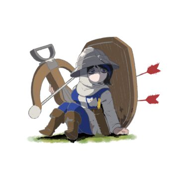 Rule 34 | 1girl, age of empires (series), age of empires ii, armor, arrow (projectile), boots, bow (weapon), commentary, crossbow, dirty, dirty clothes, english commentary, genoese crossbowman (age of empires ii), helmet, holding, holding weapon, kabewski, kettle helm, long sleeves, no mouth, quiver, shield, simple background, weapon, white background, white coif