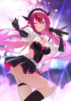 1girl absurdres alternate_hairstyle ass beret black_gloves blue_eyes double_halo elbow_gloves gloves halo hat highres holding holding_microphone hololive hololive_english horns irys_(hololive) long_hair microphone one_eye_closed open_mouth pointy_ears purple_hair serelith skindentation smile solo star-shaped_pupils star_(symbol) star_halo symbol-shaped_pupils very_long_hair virtual_youtuber