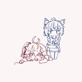 0_0 2girls :o ahoge animal_ears antenna_hair arm_at_side assault_lily barefoot blue_eyes blush braid brown_background cat_ears chibi closed_mouth clothes_writing computer_mouse crown_braid cup drooling fake_animal_ears full_body hair_between_eyes hand_up hands_up heterochromia holding holding_computer_mouse holding_cup long_hair looking_ahead looking_at_another lying multiple_girls multiple_monochrome nagasaka_maho nogamo on_stomach open_mouth red_eyes shirt short_sleeves side_braids side_ponytail simple_background spot_color tetsukawa_toa